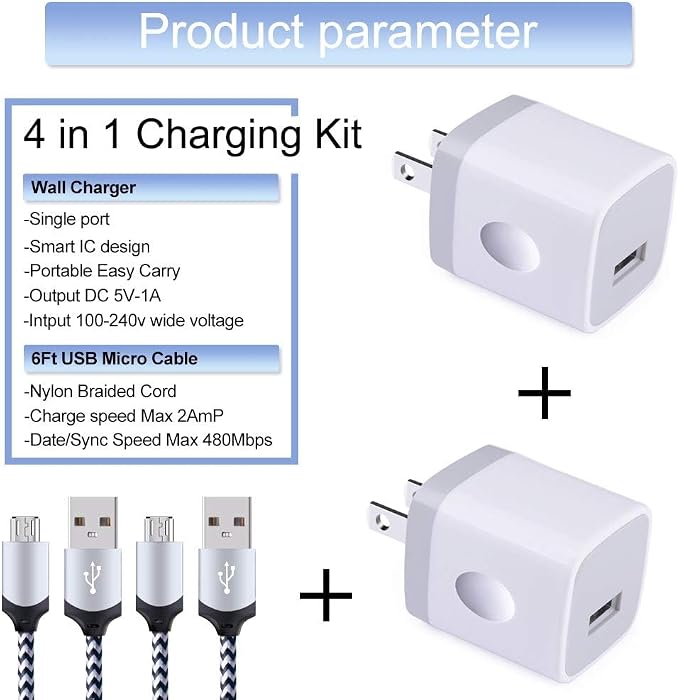Android Phone Charger Micro Cable4-Pack Wall Plug 1A/5V Power Adapter with 6ft Nylon Braided Fast Charging Micro USB Cord Compatible Samsung Galaxy S7 S6 Edge S4 Note 5 Moto G5 Plus E4 G6 Play HTC