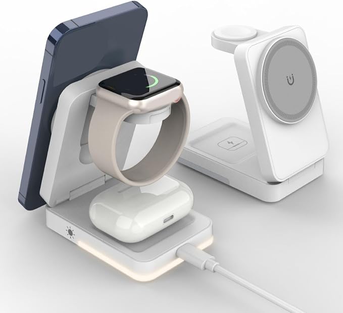 3 in 1 Wireless Charger Stand 15W Fast Charging Foldable Magnetic Dock for Phone Watch Earphone Type C Portable Station with Heat Dissipation (Black)
