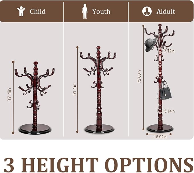 73”Vintage Wooden Coat Rack Freestanding With 14 Hooks and Sturdy Round Base。3-level Adjustable Vintage Wooden Coat Rack.Coat Rack Stand for Living Room Bedroom Office