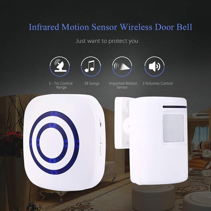 Motion Sensor Door Chime for Business, Outdoor Doorbell Kit Wireless Driveway Alert: Infrared Motion Sensor Chime with 1 Plug-in Receiver and 1 PIR Motion Sensor Detector Alert - LED Indicators