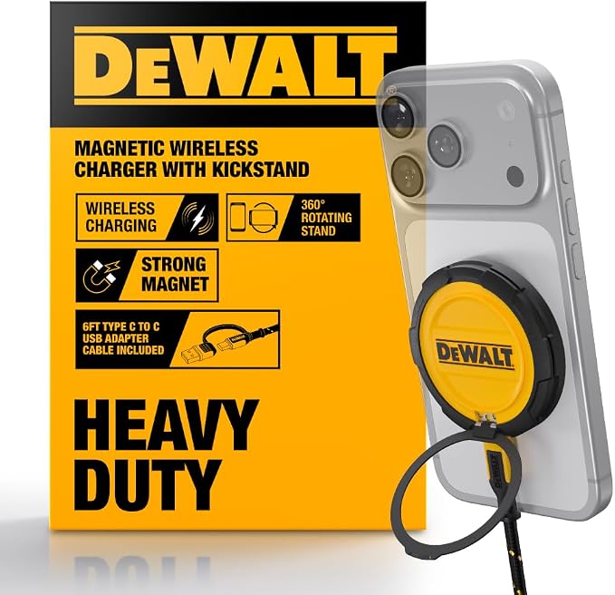 DEWALT Heavy Duty Wireless Charger 15W Max Cell Phone Charger | Wireless Charging Pad for MagSafe Compatible iPhone 17/16/15/14/13/12 Plus Pro Max Includes Wall Mounting Plate