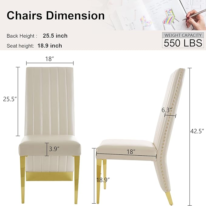 AUZ White Leather Dining Chairs Set of 4, Glam White and Gold Dining Room Chairs with Gold Legs and Nail Head Trims