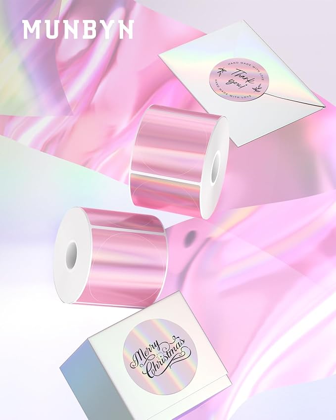 MUNBYN 2" Circle Holographic Thermal Label Stickers Pink, Round Printable Rainbow Glitter Thermal Printer Sticker Labels for Gift Wrapping, Self-Adhesive Name Price Tag DIY Custom Logo Design