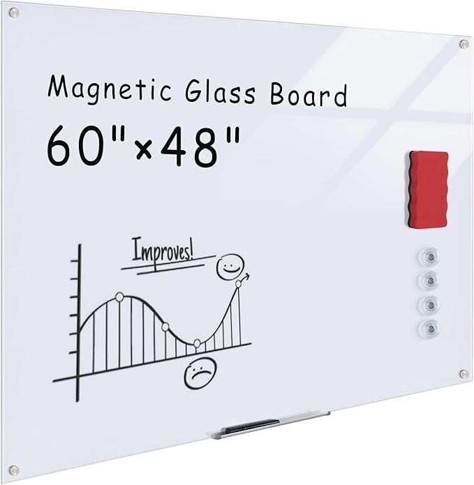 Mifuro Magnetic Glass Whiteboard，60"x48" Wall Mounted Frameless Dry Erase Board for Office, Home & School Ultra White