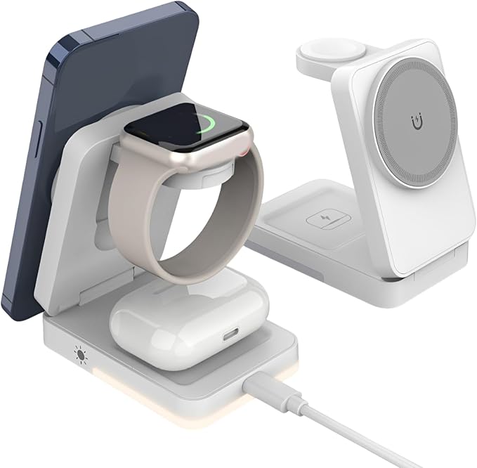 Jiawu Wireless Charging Station 15W Max Power 3 in 1 Wireless Charger Rapid Heat Dissipation Magnetic Foldable Travel Fast Charger Stand for iOS Phone Watch Earphone (White)