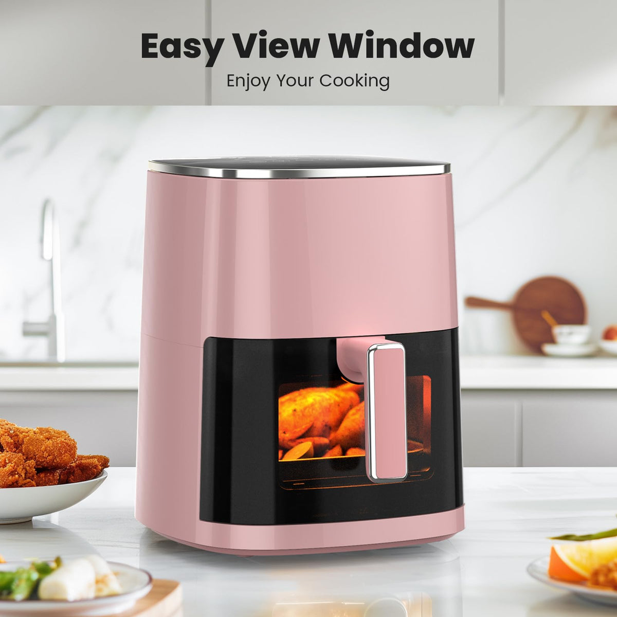 Sweetcrispy Air Fryer 6QT with Window, Square Airfryer Oven 12-in-1 for Family, 400°F Rapid Air Crispy Technology, Roast Bake Dehydrate, Nonstick & Easy-Clean Basket,Grey