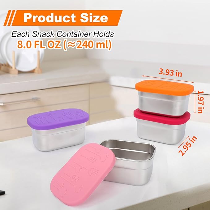 YJSLICT 4 Pack Stainless Steel Kids Snack Containers with Lids, 8 oz Each