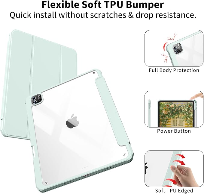 Clear Case for iPad Pro 12.9 inch 6th/5th/4th/3rd Gen 2022/2021/2020/2018 with Pencil Holder Lightweight Shockproof Trifold Stand Transparent Acrylic Back Cover Auto Wake/Sleep Black