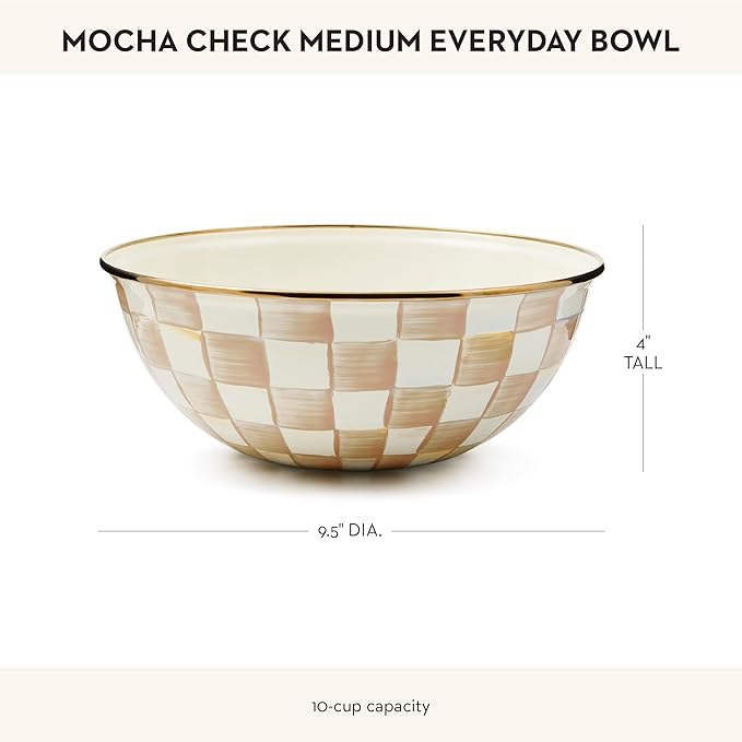 MACKENZIE-CHILDS Enamel Everyday Bowl, Serving Bowl for Entertaining, Medium, Brown-and-White Mocha Check
