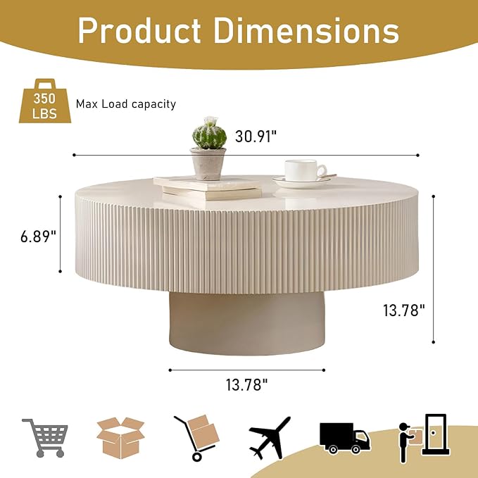 Round Drum Coffee Table 30.91" Handcrafted Fluted Drum Coffee Table Mid Century Accent Tables Modern Luxury Circle Center Table Vintage Farmhouse Center Table for Living Room (White Thick)