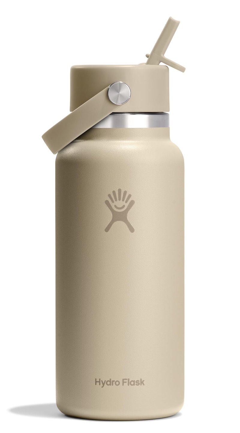 Hydro Flask Water Bottle - Insulated Stainless Steel - Wide Mouth Flex Straw Lid, Non Spill, Leakproof and Refillable in 32 Oz Tonal Oat