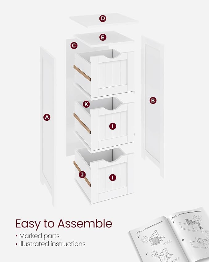 VASAGLE Floor Storage Cabinet, Freestanding Storage Unit with 3 Drawers, 11.8 x 12.6 x 31.9 Inches, for Bathroom, Living Room, Kitchen, Modern Style, Matte White UBBC50WT