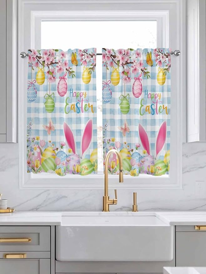 Happy Easter Tier Curtains 45 Inches Long, Spring Watercolor Bunny Eggs Flower