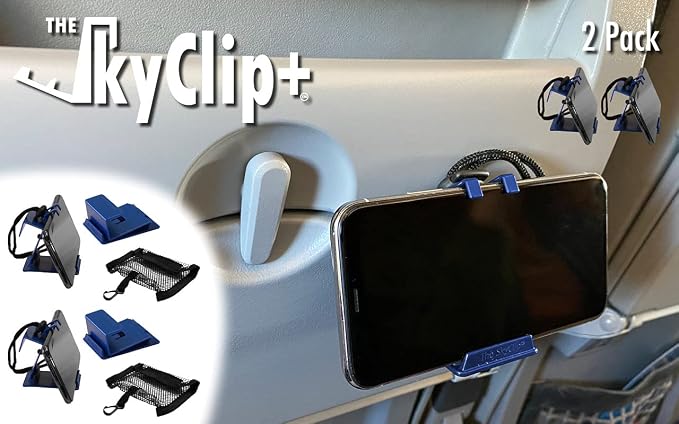 The SkyClip+ Phone &amp Tablet Holder for Air Travel Home and Office Use - Inflight Phone Mount &amp Stand Compatible with iPhone Android Kindle and Tablets - Ultimate Travel Accessory (Black)