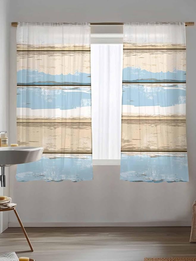 Sheer Curtains 63 Inch Length, Vintage Geometric Blue Semi Sheer Curtains Light