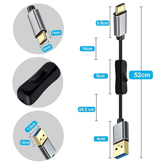 10Gbps USB C Cable with Switch USB 3.0 High Speed Data Transfer Cable with Gold Plated Plug 60W 3A for Laptops PC Phone Car (Black 1.6FT / 0.5 m)