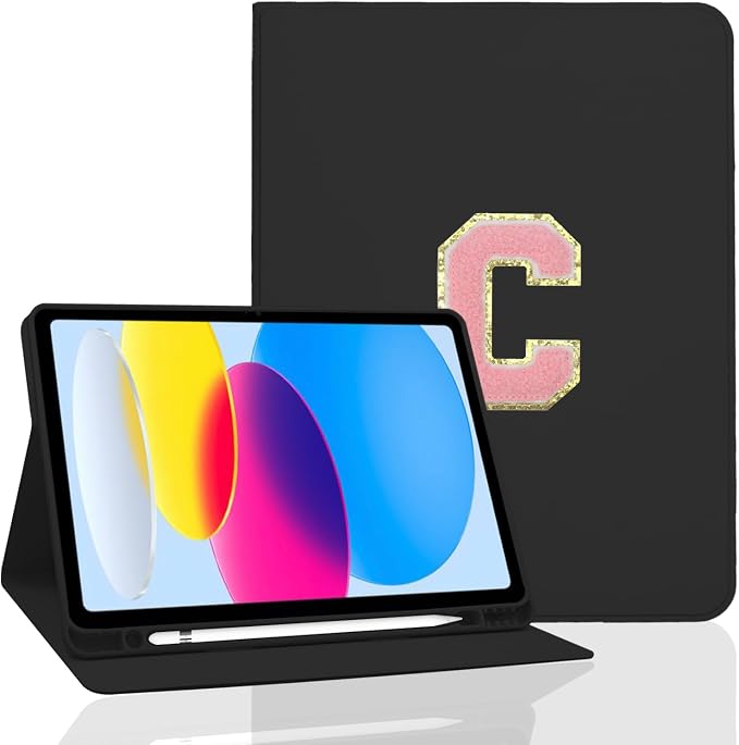 for iPad 9th Generation 10.2 Inch 2021/2020/2019 Case Initial Chenille Letter Suture Personalized for iPad 9th/8th/7th Generation Case with Auto Sleep/Wake Pencil Holder (Black A)