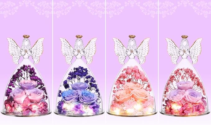 Ocosy Mothers Day Rose Gifts for her, Large Angel Rose Gifts for Women, Forever Real Roses in Angel Figurines, Angel Guardian with Roses Flower,PinkPurplePink