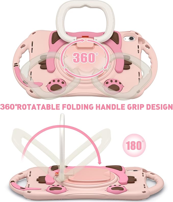 BRAECN Cute Cat Case for iPad (A16) 11th/10th Generation 11”/10.9'' 2025/2022, Silicone Kids Boys Girls Case with Pencil Holder, Carrying Shoulder Strap, 360°Rotating Handle Grip, Kickstand -Pink