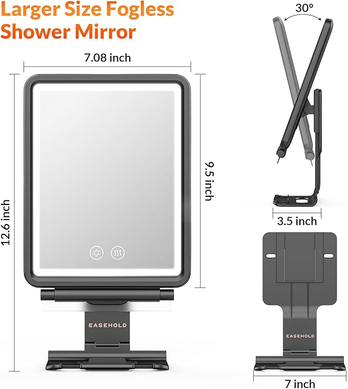 EASEHOLD Shower Mirror Fogless for Shaving, Heated LED Mirror with 3 Color Lights, Adjustable Anti Fog Razor Holder and Storage Tray, 5000mAh Rechargeable Light Up Mirror Bathroom for Men