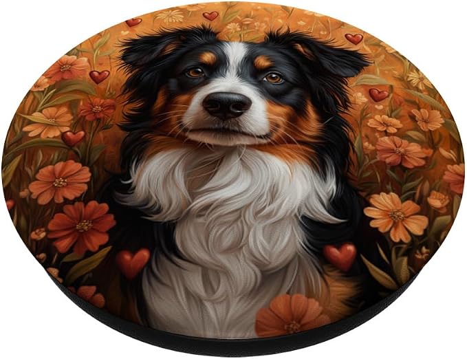 Australian Shepherd Dog Flowers With Hearts Around Graphic PopSockets Standard PopGrip