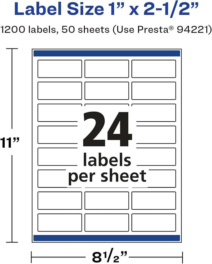 Avery Glossy White Rectangle Labels, Sure Feed Technology, 1" x 2.5", 1,200 Glossy White Labels, Permanent Adhesive, Laser/Inkjet Printable