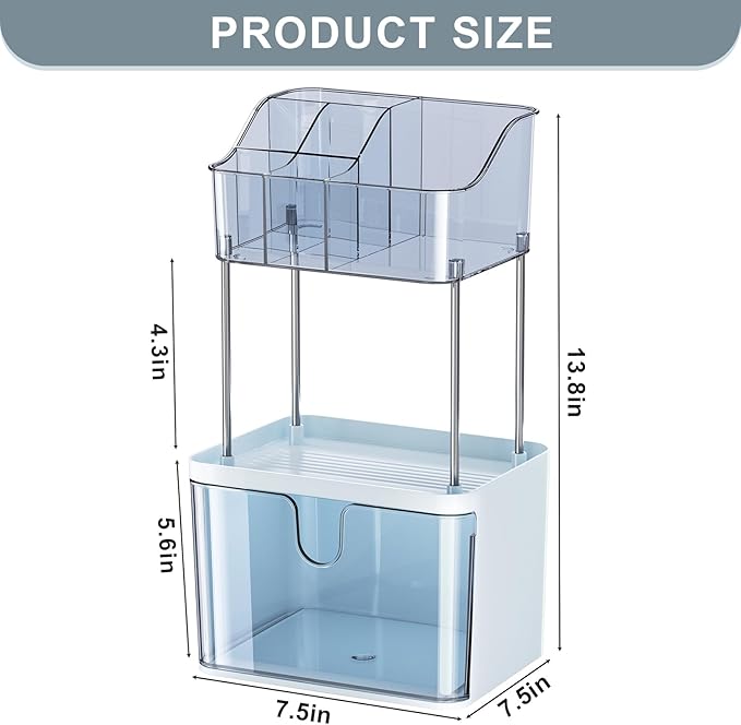 Makeup Organizer Countertop with Drawer, Bathroom Counter Organizers, Anti-Slip Dustproof Exquisite Dresser Vanity Storage for Skin Care Perfume Beauty Lipstick, Blue