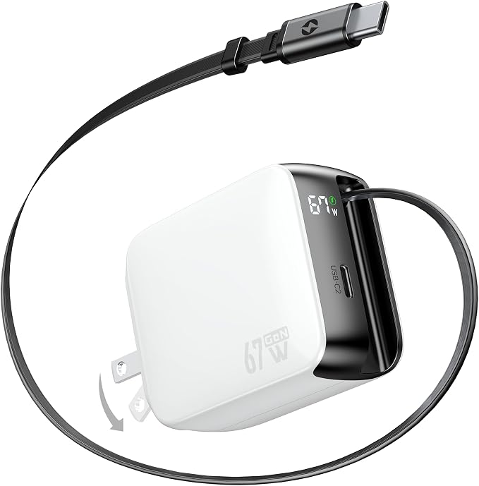 Retractable USB C Charger 67W 2-Port Fast Charger with Retractable Cables and Foldable Plug