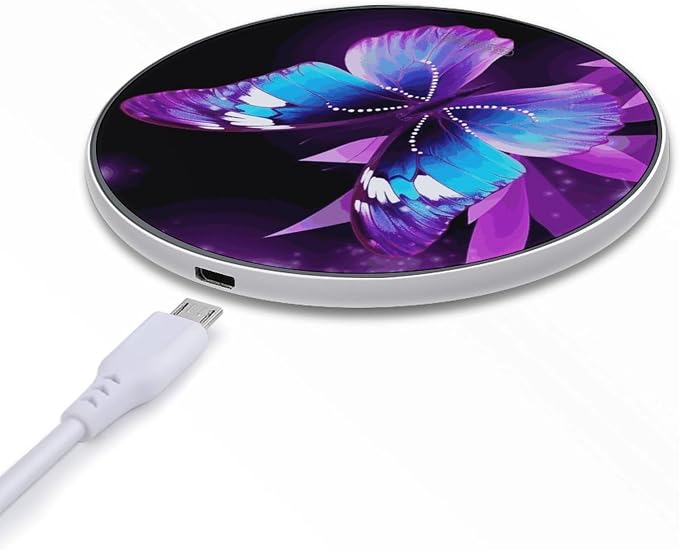 Blue Purple Butterfly Wireless Charger Aluminum Alloy Frame 10W Fast Charging Pad with Indicator Light 6mm Thin &amp Portable Wireless Charging Pad for Travel Home Office Desk