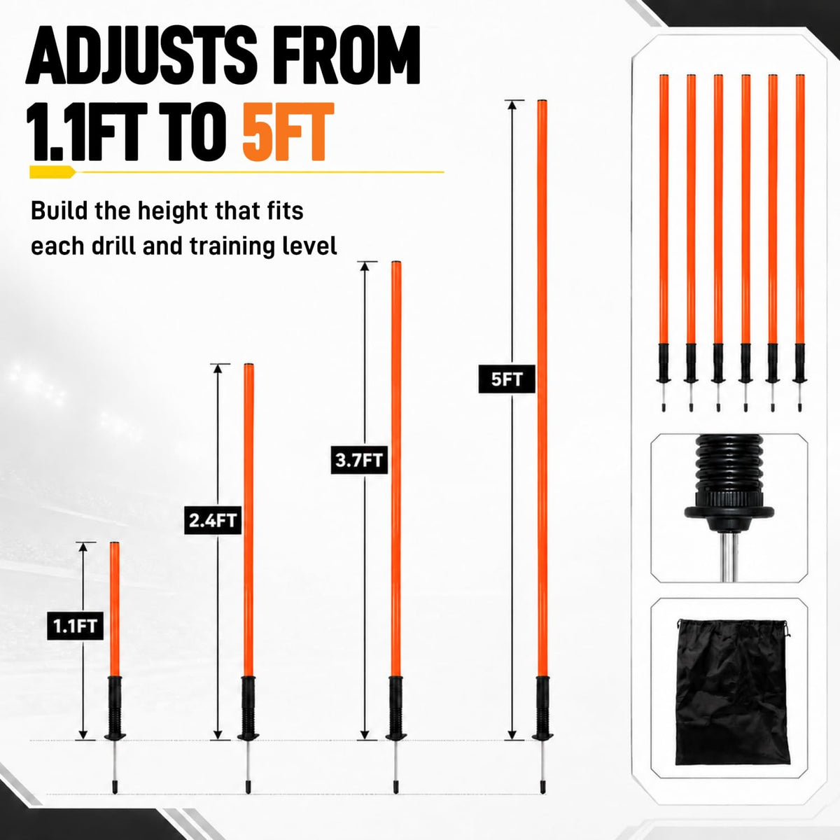 Nbguigdstr 6Pcs 5FT Agility Training Poles, Adjustable Speed and Agility Training Equipment Sports Training Sticks(Orange)