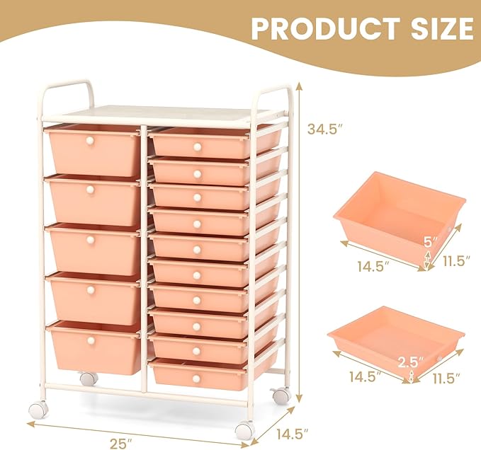 COSTWAY 15 Drawer Rolling Storage Cart, Mobile Utility Cart with Lockable Wheels, Drawers, Multipurpose Organizer Cart for Home, Office, School, Peach