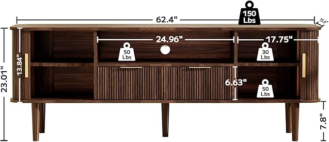 DAMCROP 62.4 Inch Fluted TV Stand, Modern Media Console Table with Sliding Tambour Door Farmhouse Sideboard Buffet Cabinet Fits TVs up to 75 inch, Wood Entertainment Center for Living Room(Dark Wood)