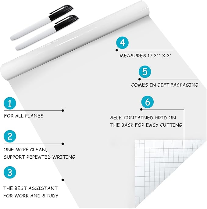 White Board Dry Erase-Whiteboard for Wall-Whiteboard Paper Peel Stick and Roll with 2 Dry Erase Markers-Adhesive Dry Erase Board for Office/Classroom/Fridge/Desk/Glass/Door(17.3''X36.2'' White)