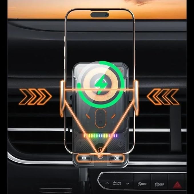 Auto-Clamping Car Wireless Charger RGB Light Phone Holder Stand Touching 360 Rotation Fast Charging Bracket for iPhone Samsung (Black)