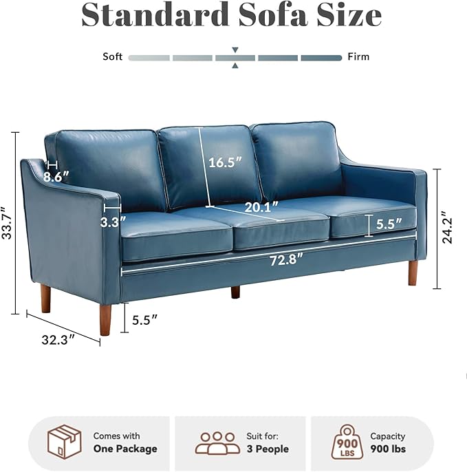 Kingfun 80" Faux Leather Sofa, 3 Seater Couch, Mid Century Modern Couch with Solid Wood Frame for Living Room & Bedroom, Blue