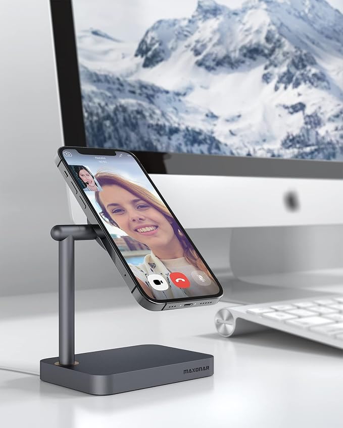 Maxonar Mag Safe Charger Stand Heavy-Duty Premium Metal Desktop Holder Mag Safe Dock Base Compatible with iOS17 Standby Mode Mag Safe Wireless Charger for iPhone 15 14 Series Device (Space Grey)