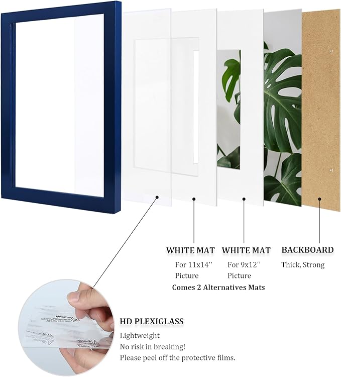 Egofine 12x16 Picture Frame Made of Solid Wood, Display Covered by Plexiglass, Display Pictures 9x12/11x14 with Mat or 12x16 Without Mat for Wall Mounting, Navy Blue