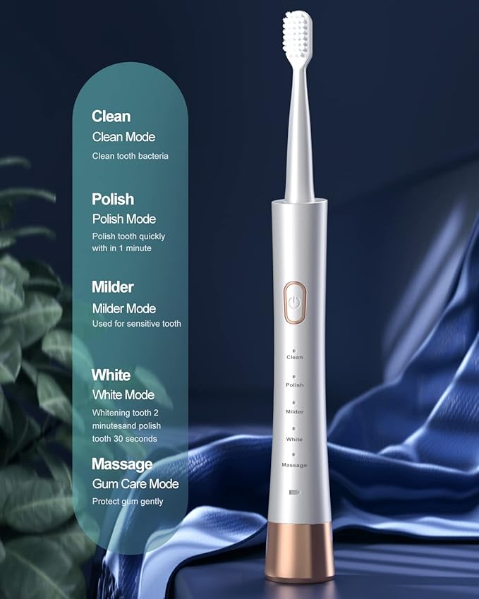 AJELU High Vibration Sonic Electric Toothbrush for Adults with 2 Minutes Smart Timer, Fast Charge Lasts Long, 5 Optional Modes, 8 Replacement Brush Heads Ultra Whitening, White