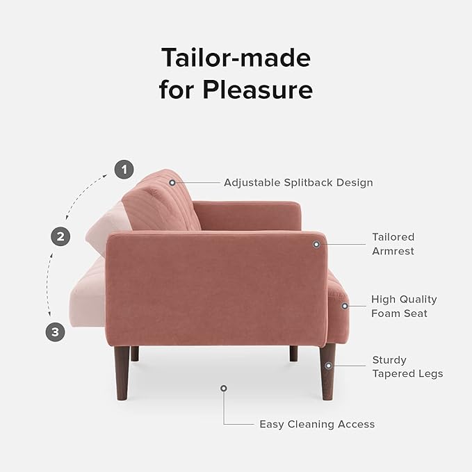 mopio Aaron 76.8" Couch, Small Futon Sofa Bed, Sleeper, Loveseat, Mid Century Modern Futon Couch, Sofa Cama, Couches for Living Room, Bedroom (Old Rosa, Velvet)