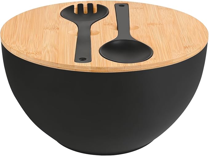 Salad Bowl with Lid, 12" Extra Large Bamboo Fiber Salad Bowl with Servers Set for Kitchen, Nature Bamboo Mixing and Serving Bowl with Lid, Spoon and Fork for Fruits,Salads and Vegetables