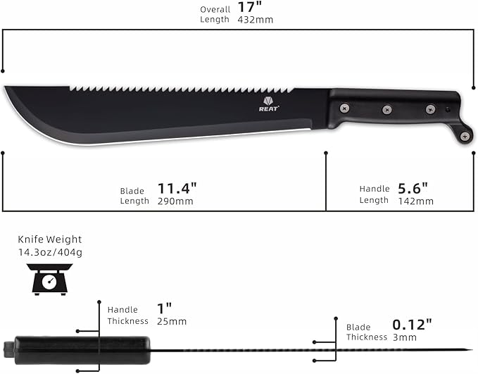 REAT Machete with Saw, 17" Full Tang Fixed Blade Hunting Knife with Sheath, Ergonomic No-Slip Handle,Machetes for Cutting Trees,Yard Work,Bushcraft, Survival