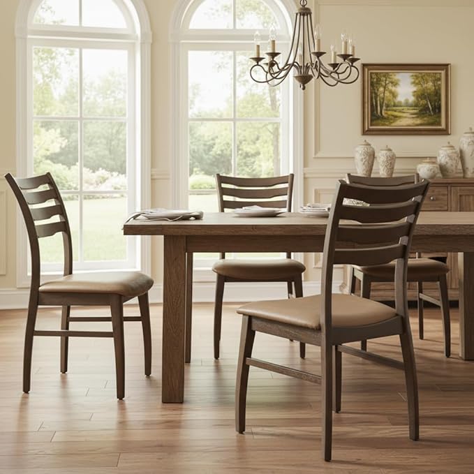DUOMAY Farmhouse Dining Chairs Set of 2, PU Brown Upholstered Side Chairs Solid Wood Ladder Back Kitchen Chairs for Home Dining Room, Walnut Frame