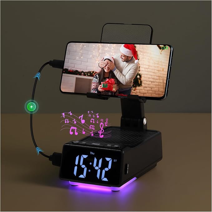Birthday Gifts for Women Men 7 in 1 Multi-Function Phone Stand with Bluetooth Speaker Portable Charger Alarm Clock LED Light USB Playback Hands-Free Calling (Black)