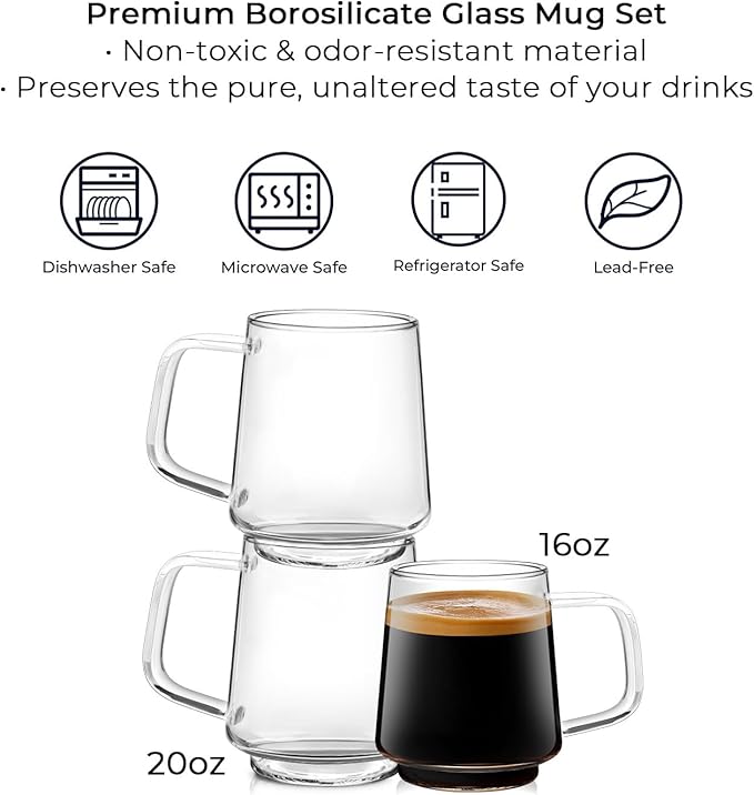Aquach 20 Oz Glass Coffee Tea Cups, Clear Mugs with Handle, Microwave and Dishwasher safe Home Office Mug Perfect for Americano Latte Hot Beverages, 2-Pack