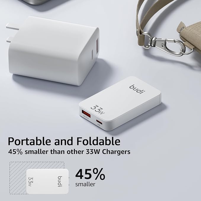 BUDI 33W Extra Slim Portable Wall Charger 2-Port Wall Charger Convenient Travel Accessories Compatible with MacBook and IPad iPhone Samsung Galaxy USB C Laptop Switch Etc. (33W iPhone Set)
