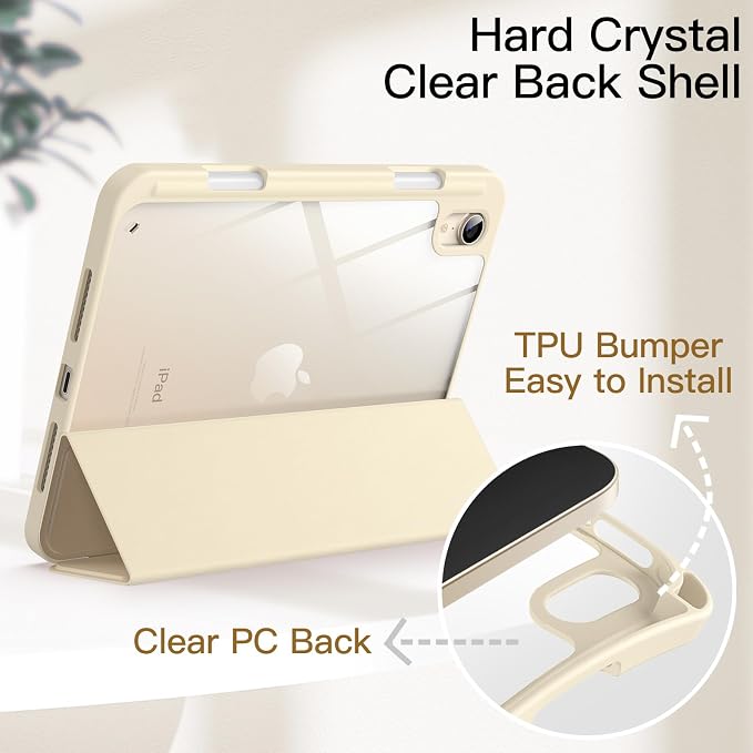 JETech Case Cover for iPad mini A17 Pro/6th Gen (2024/2021) Black | Clear Transparent Back Pencil Holder Slim Shockproof Protection Tri-Fold Stand Auto Wake/Sleep