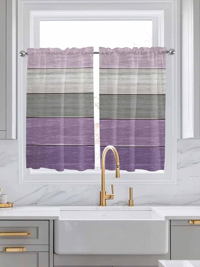 Country Wood Board Gray Purple Window Valance Curtains, Farmhouse Gradient