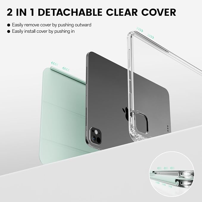 Hybrid Case for iPad Pro 11 Inch 4th/3rd/2nd Generation (2022/2021/2020) with Pencil Holder 2 in 1 Detachable Cover with Clear Transparent Back Shell Support 2nd Gen Pencil Charging Black