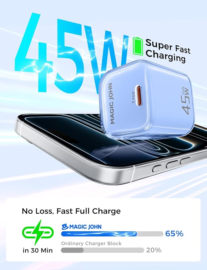 MAGIC JOHN 45W PD USB C Charger Fast Charging Wall Power Adapte Blue | Compact Size Safe PD Fast Charging Stable Power Output Universal for Cell Phones Tablets &amp Light Laptops