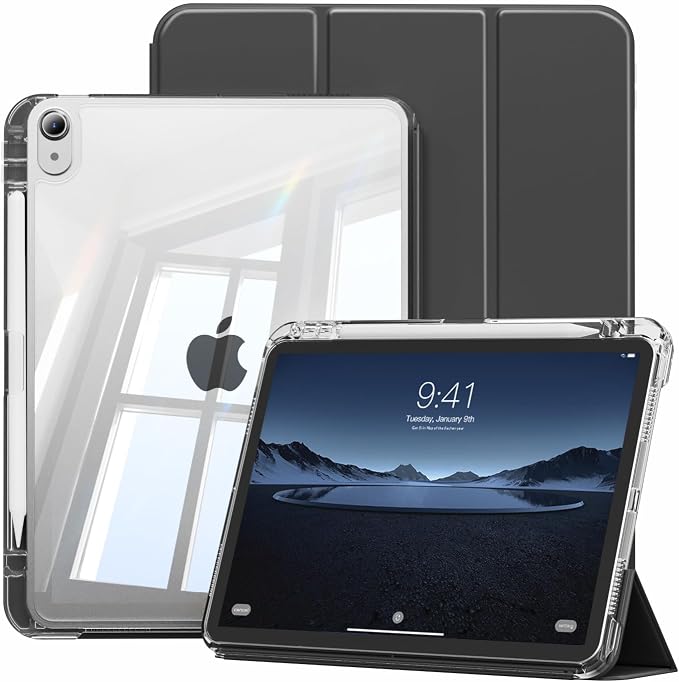 Case for iPad Air 11 M4/M3/M2 &amp iPad Air 5th/4th Gen 10.9-Black | For iPad Air 11 2026/2025/2024 &amp Air 10.9 2022/2020 2-in-1 Removable Transparent Back with Pencil Holder Auto Sleep/Wake